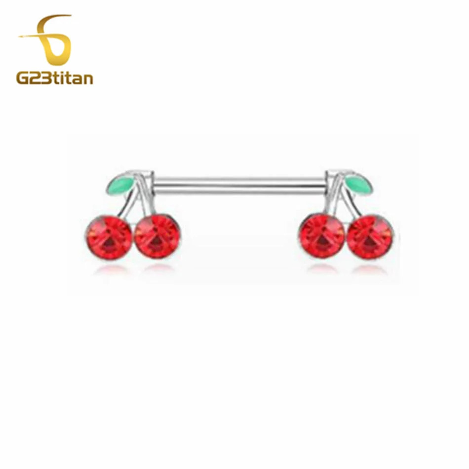 2pcs 14G Barbell Sweet Cute Cherry Shaped Zircon Breast Ring For Women Body Piercing Sexy Nipple Ring Jewelry Ornament 251224