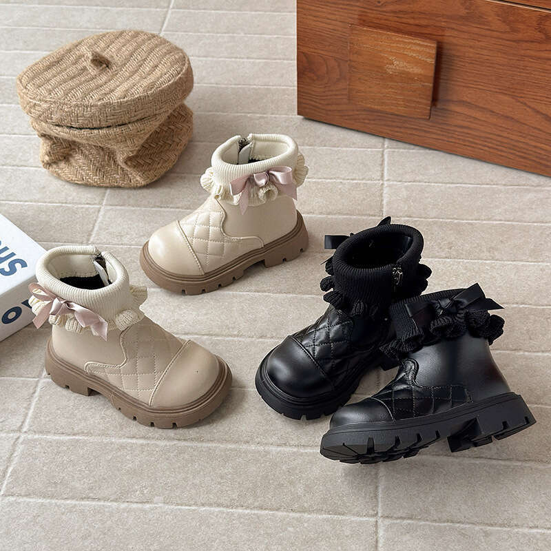 Children's British Martin 2025 Autumn Winter New Korean Style Girls' Knitted Ruffled Bowknot Fleece Short Boots