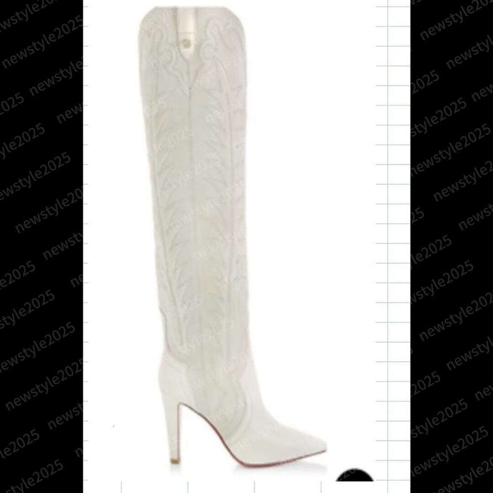 2026 Designer women Heels Dress Suede Red Shiny Bottomboots Stiletto Rivet Genuine leather High-heeled mid-tube Denim pointed knee-high boots Size 35-43 shoes 42