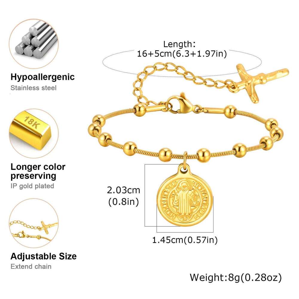 Vnox Stainless Steel Women's Rosary Bracelets, Saint Benedict Virgin Mary Jesus Cross Prayer Bracelet , Trendy Religion Jewelry 25H1229