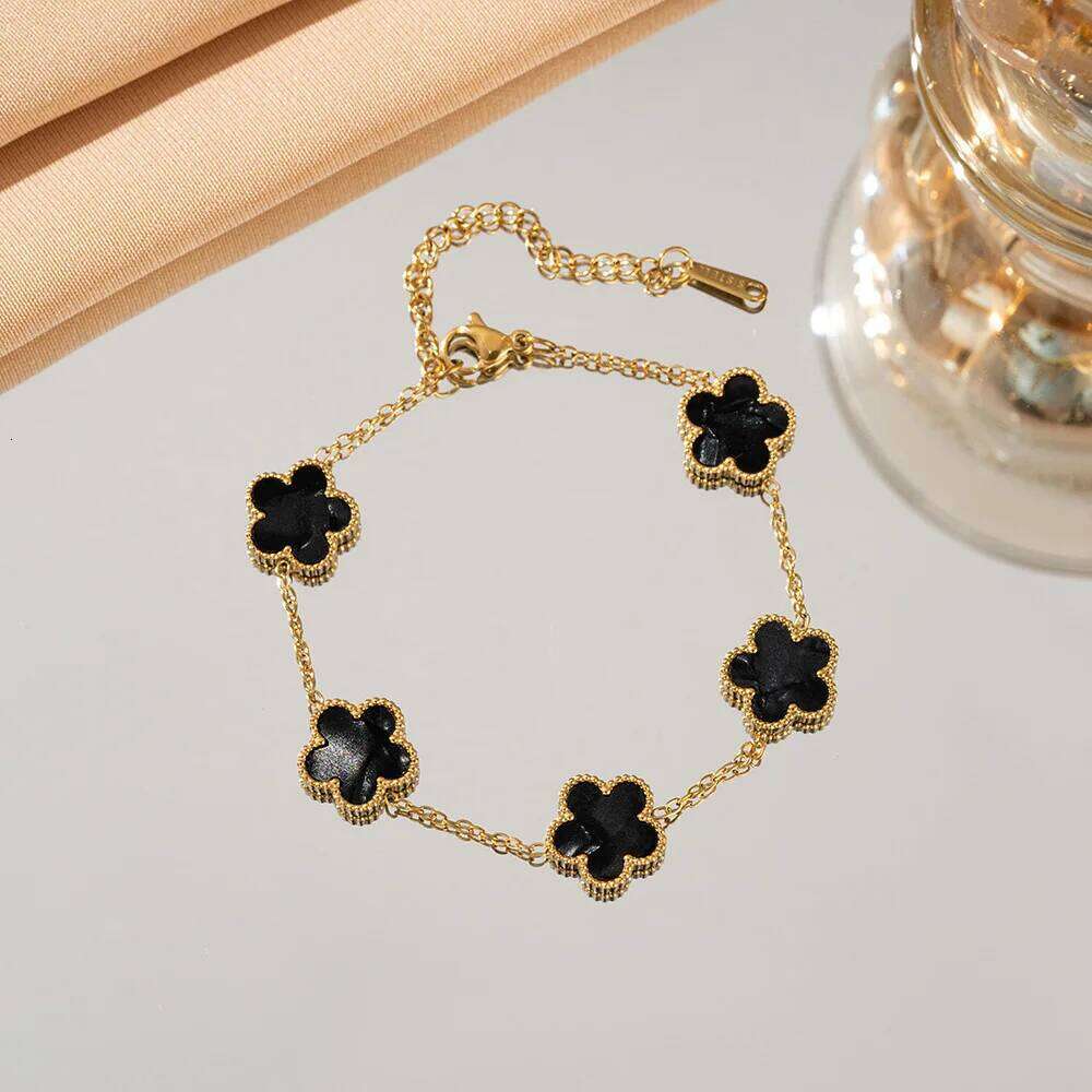 Double Sided Five-Leaf Flower Bracelet For Women Adjustable 18k Plated Gold Stainless Steel Five Point Star Clover Party Jewelry 25H1229