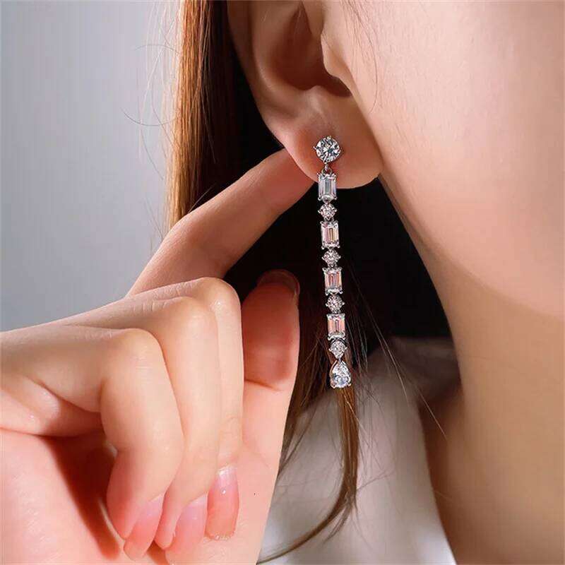 Luxury Geometric Water Zircon Long Drop Shiny Square Crystal Zirconia Charming Earrings Wedding Party Jewelry