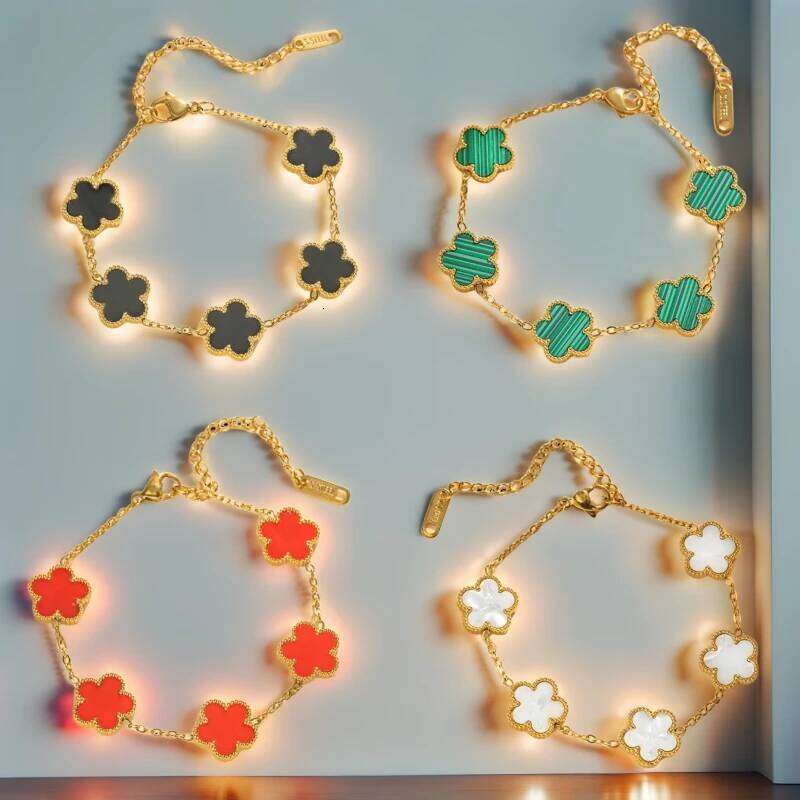 18k Gold Plated Titanium Steel Bracelet Five-Leaf Clover Flower Design Luxury High-End Fashion Fadeless Adjustable Jewelry Gift 25H1229