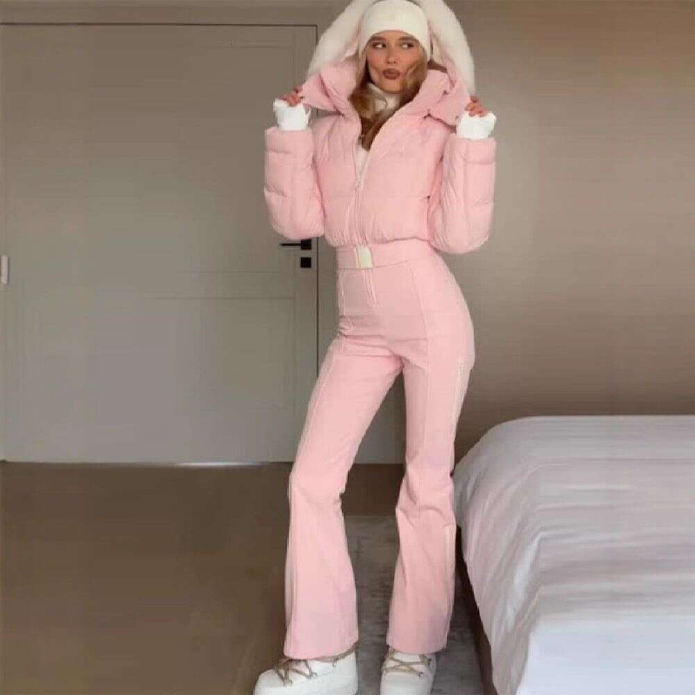 Women's Hooded Belted Ski Jacket Pure Color Cute Warm Skiwear Leisure Sports Female Clothing 2025 Women's New Casual ClothesWKERSIY
