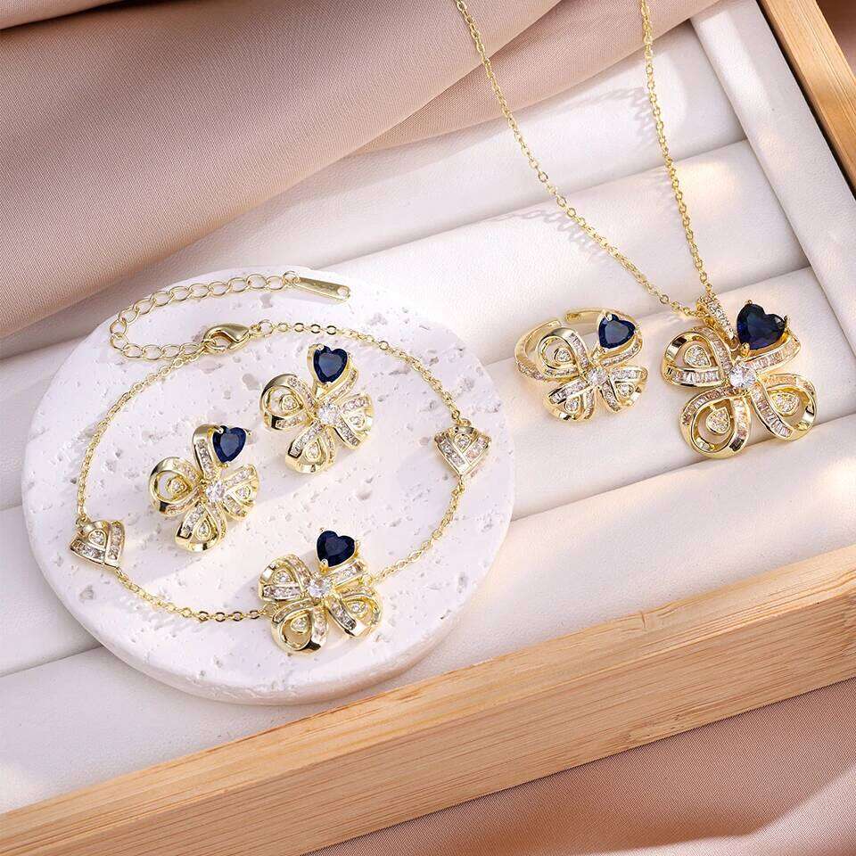 ZAKOL 4Pcs/Set Crystal Zircon Leaf Flowers Earring/Necklace/Ring/Bracelet for Women Aesthetic Wedding Party Jewelry Set