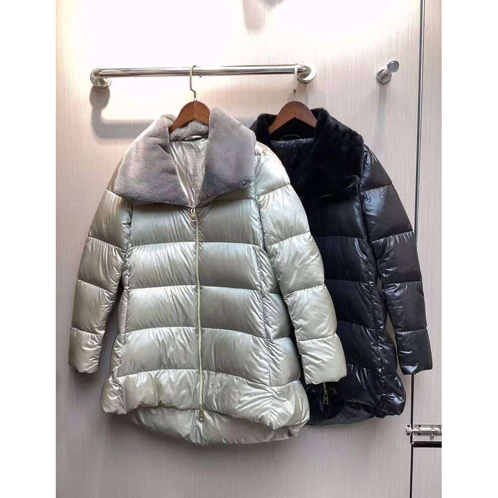 H New Large Collar Solid Color Warm Zipper Temperament Commuting Long Down Jacket