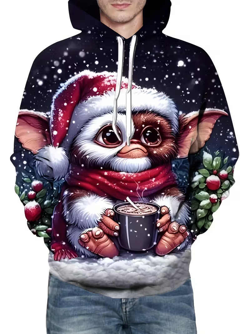 Christmas Limited Edition Men's Hoodie Cute Monster Snow Scene Print Autumn/Winter Oversized Casual Holiday-Themed Pullover Hoodie