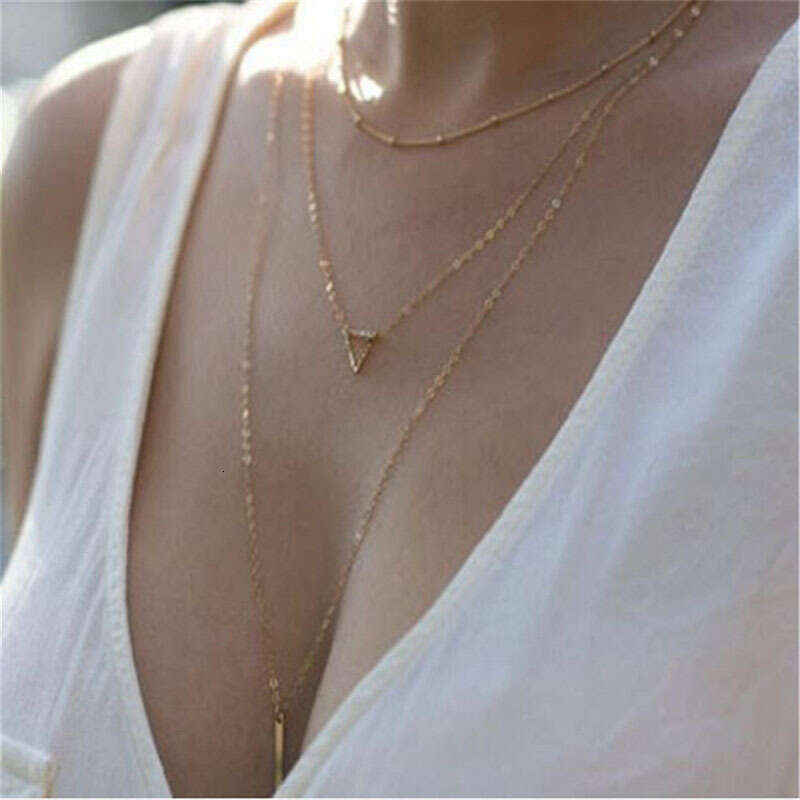 Cross-Border Jewelry Simple Fashion Round Bead Necklace Geometric Triangle Bar Long Pendant Three-Layer Chain