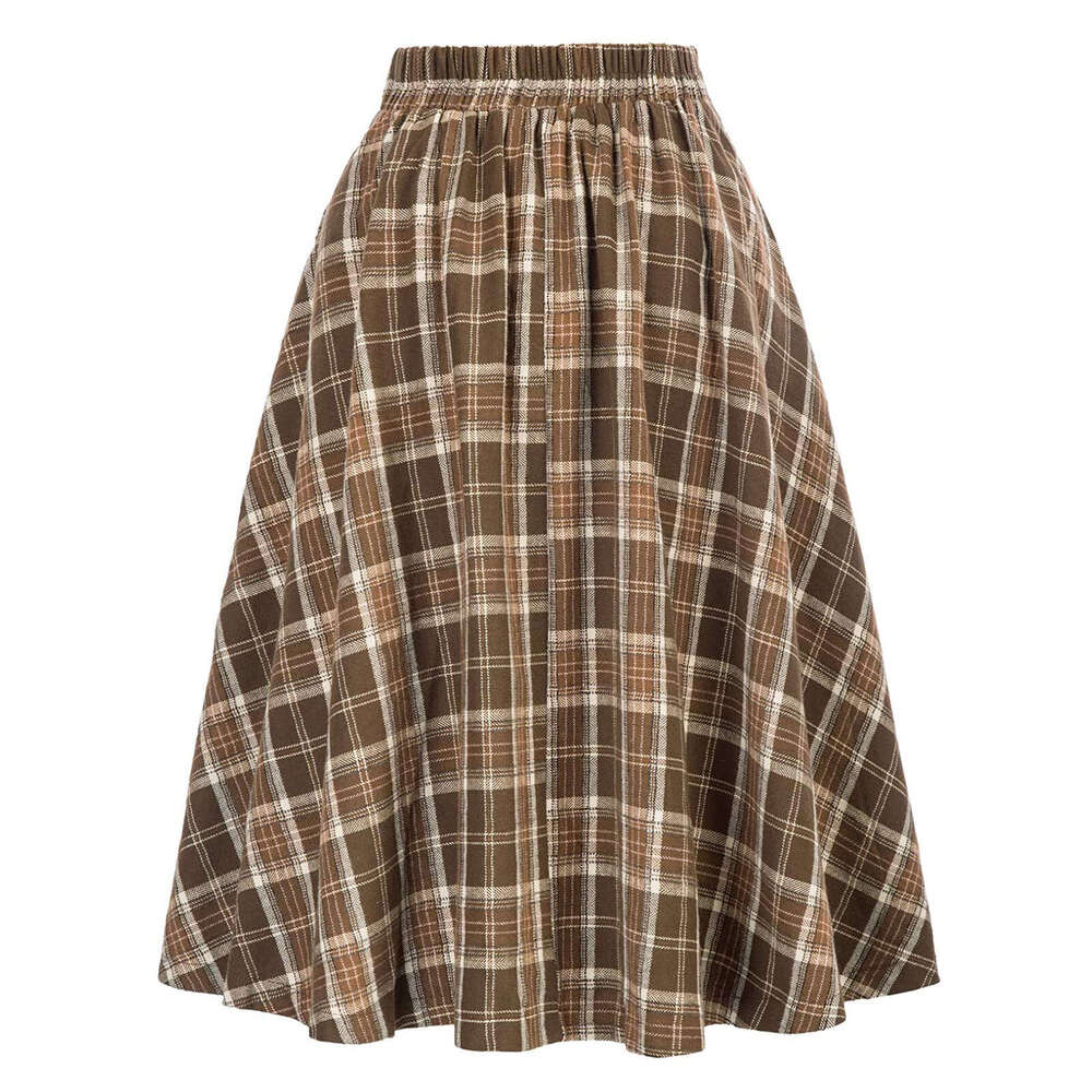 Women's Plaid Elastic Waist A-line Skirt Autumn Winter Fashion Casual Formal Skirt High Waist Midi Skirt