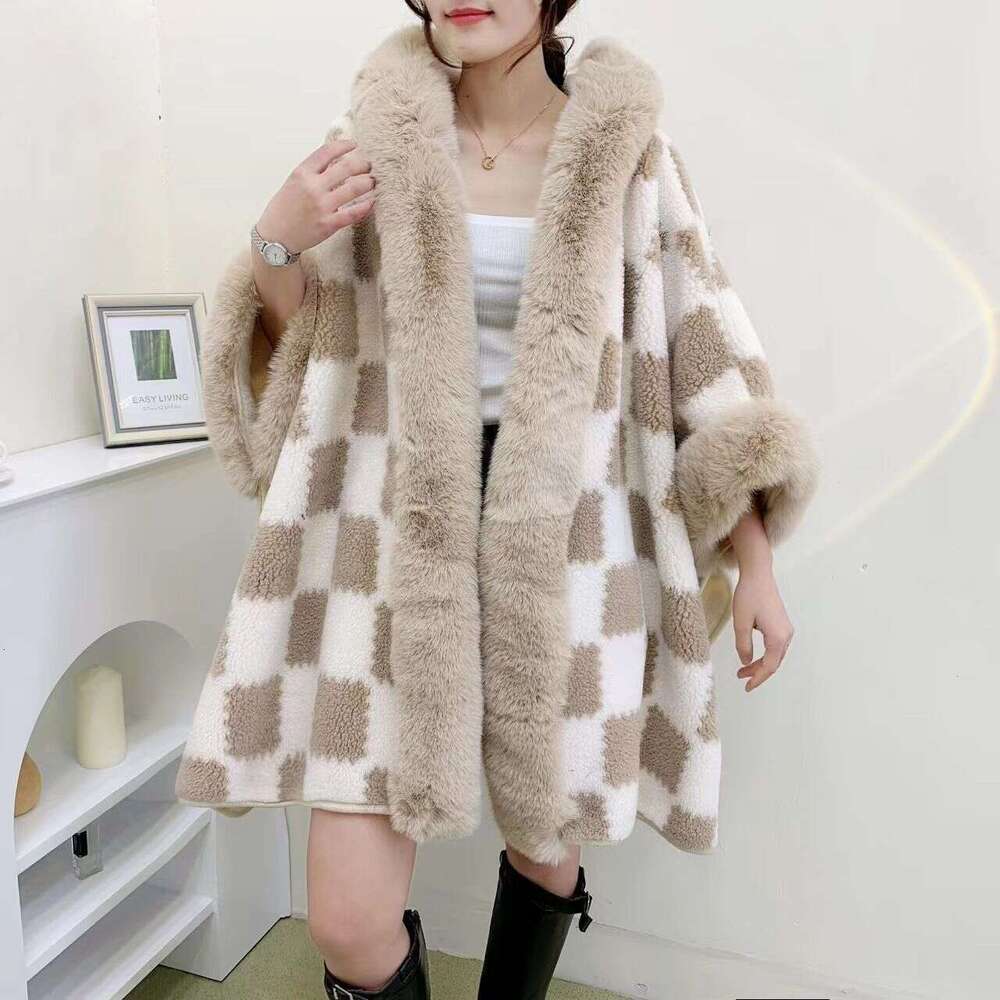 New Thickened Lamb Wool Plaid Plus Size Hooded Mid-Length Casual Shawl Cape Warm Winter Ultra Giant Thick