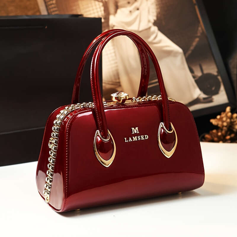 JINXIANGGUO M LAMRED Elegant Red Handbag Golden Tone Accents Classic Satchel Bag With Rhinestone Embellish Glossy Finish Polyester Lined Non Washable 