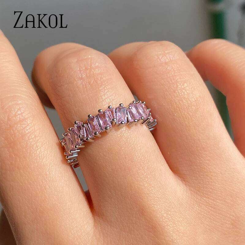 ZAKOL Fashion Luxury Pink Baguette Cubic Zirconia Engagement Rings for Women Marquise Crystal Stone Wedding Party Jewelry Gift