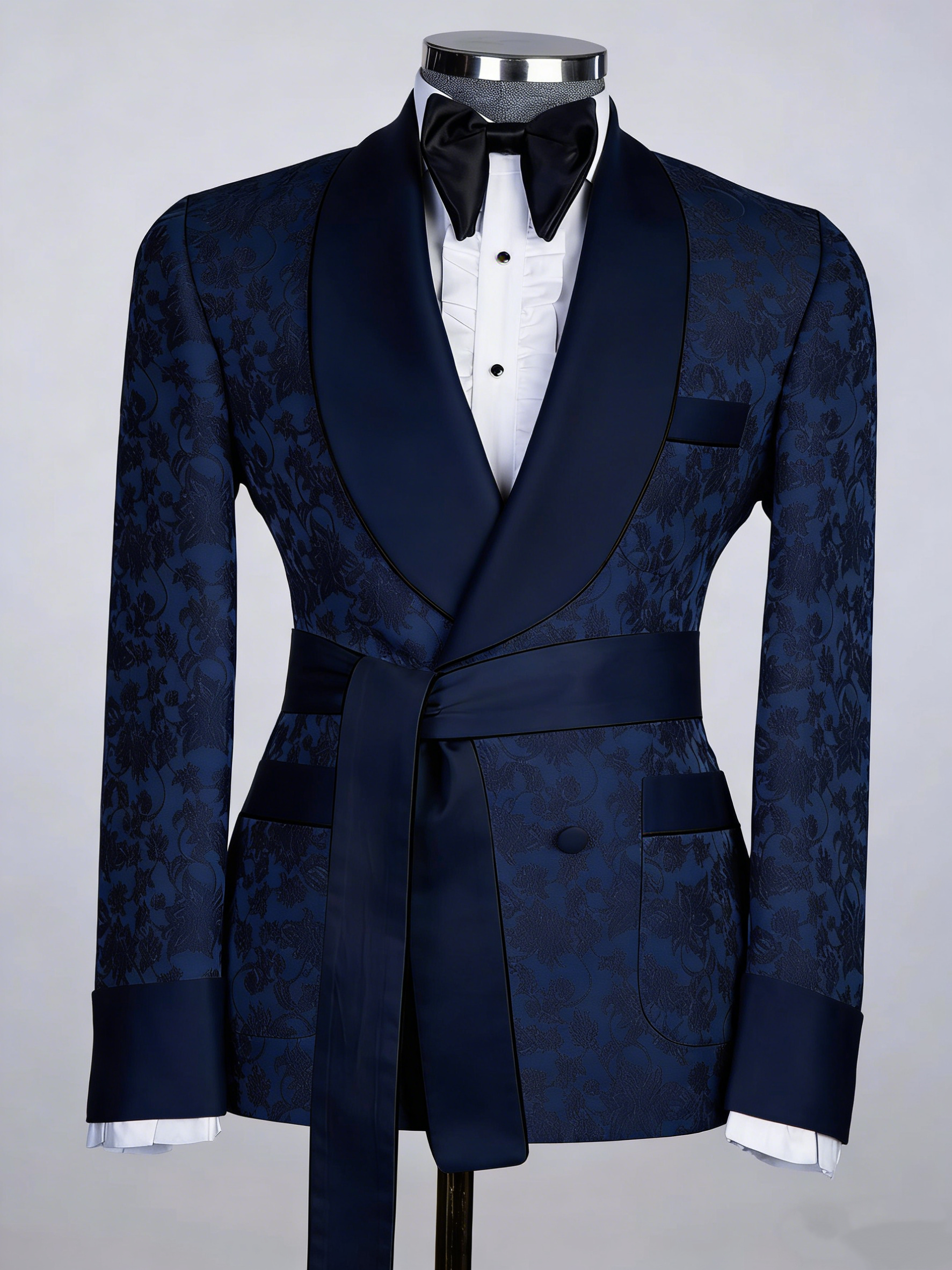 Elegant Men Suits Jacket Tailor-Made Shawl Lapel Jacquard Blazer Belt 2 Pieces Double Breasted Groom Customized Coat Black Pants Plus Size
