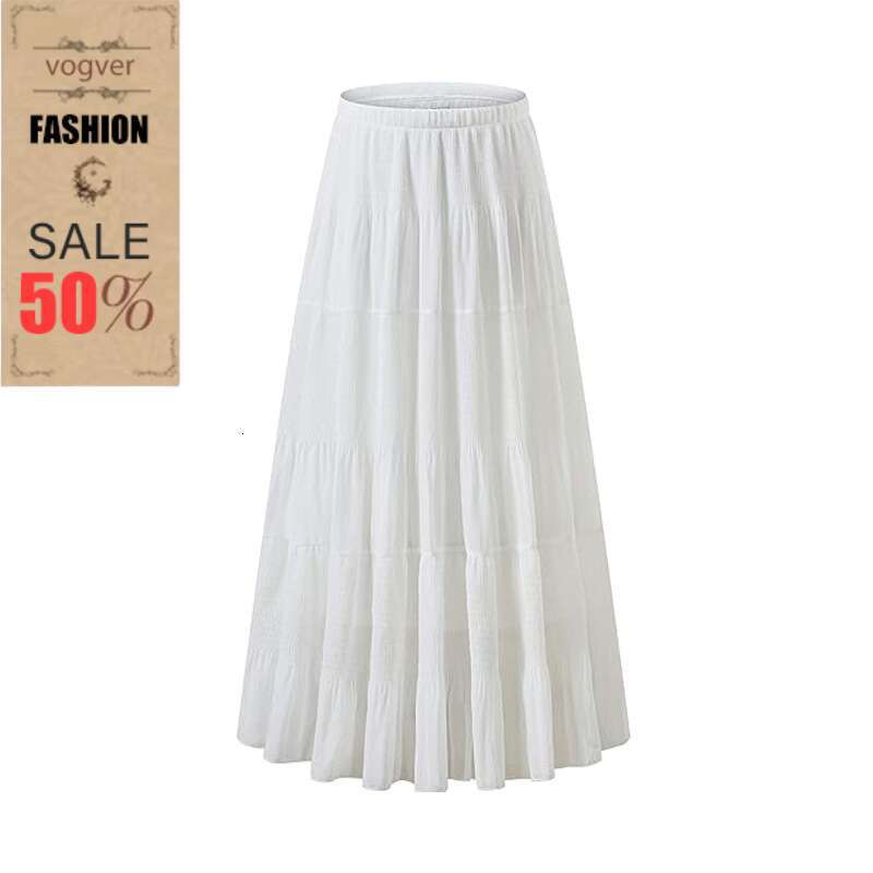 Women's Casual High-Waisted Elastic Waistband Ruched A-Line Flared Layered Long Half Skirt