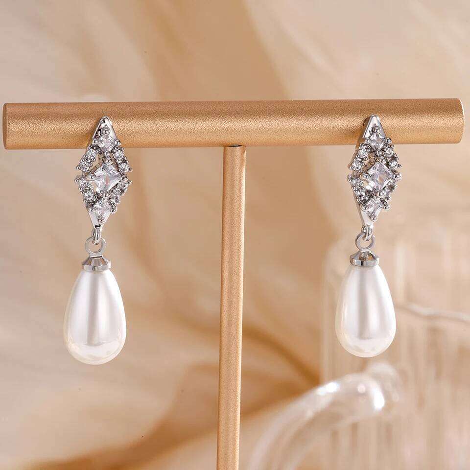ZAKOL Fashion Geometric Zircon Teardrop Pearls Bridal Earrings Sliver Gold Color Banquet Party Accessories Jewelry Gift