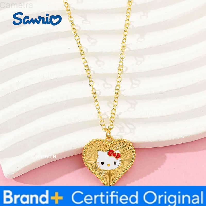 Sanrio Anime Hello Kitty Necklace Cartoon Figure KT Cat Heart Shape Metal Golden Pendant Necklace Kawaii Jewelry Accessories H251229