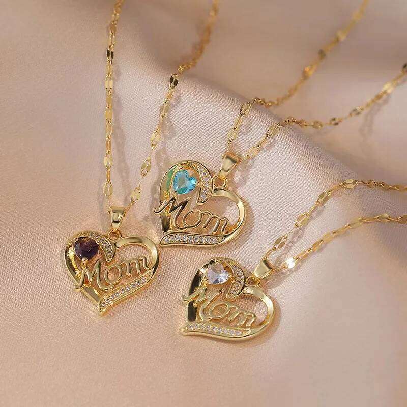 ZAKOL New Stainless Steel Chain Heart Pendant Necklace Shiny Zircon MOM Letters Design Luxury Mother's Day Gift