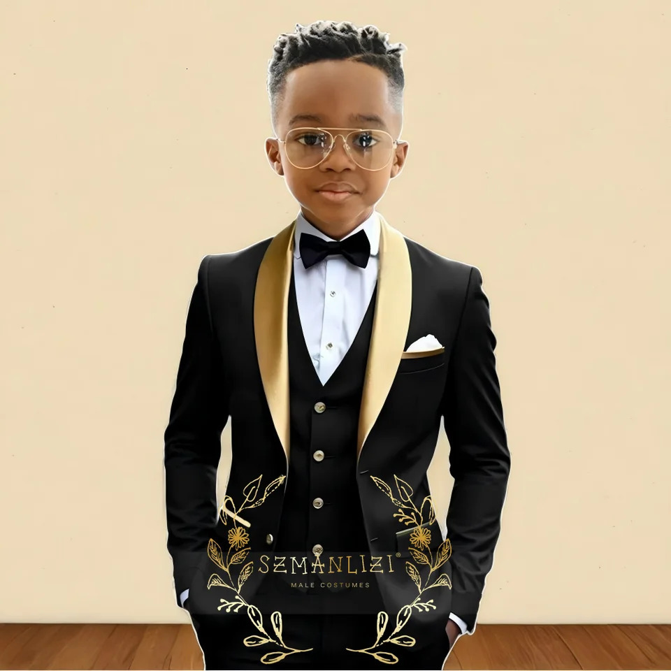 Oil Green Boys Suit 3 Pieces Wedding Tuxedo for Kids Jacket Pants Vest Gold Shawl Lapel Child 2-16 Years Old Customized Outfit 251229