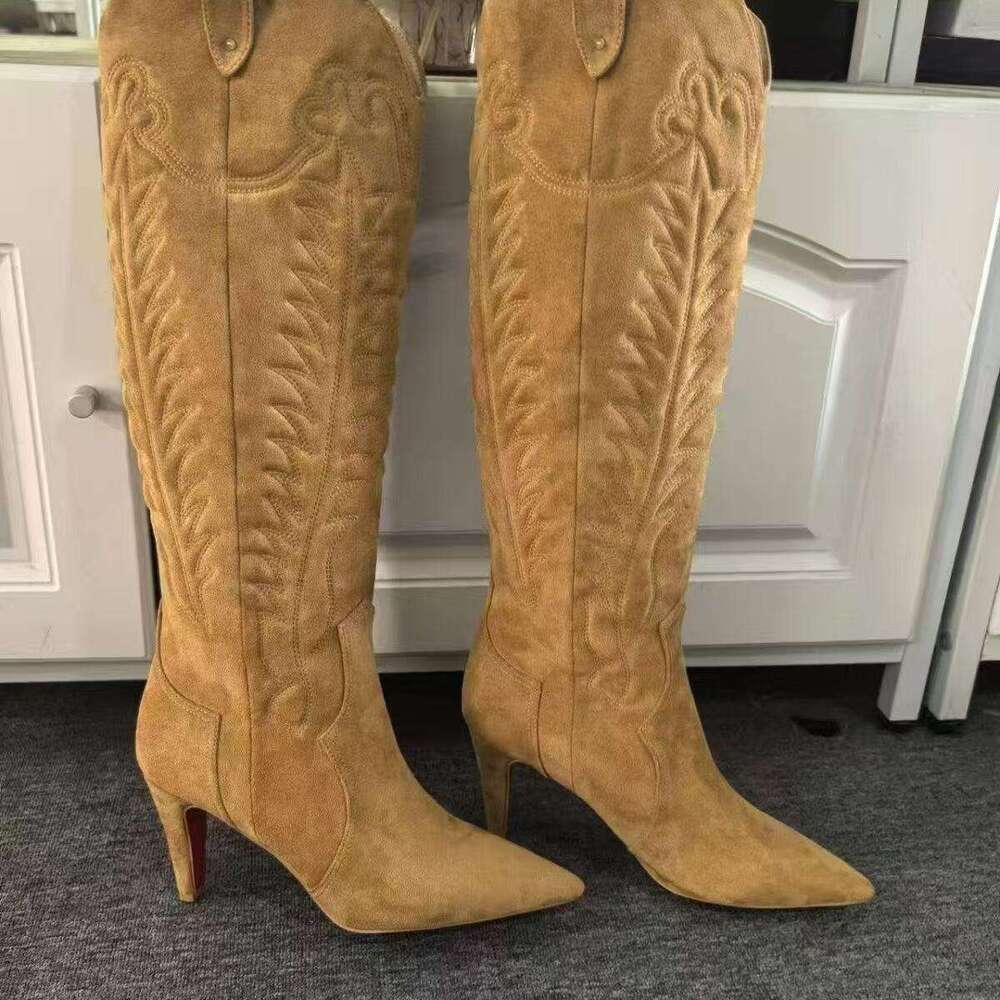 2026 Designer women Rivet Genuine leather High-heeled mid-tube Denim pointed knee-high boots Size 35-43 Heels Dress Suede Red Shiny Bottomboots Stiletto shoes 7b