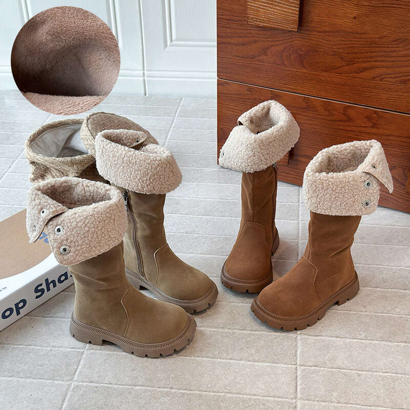 INS Fleece-Lined Long 2025 Autumn Winter New Korean Style Girls' Melad Cuffed High Warm Cotton Boots
