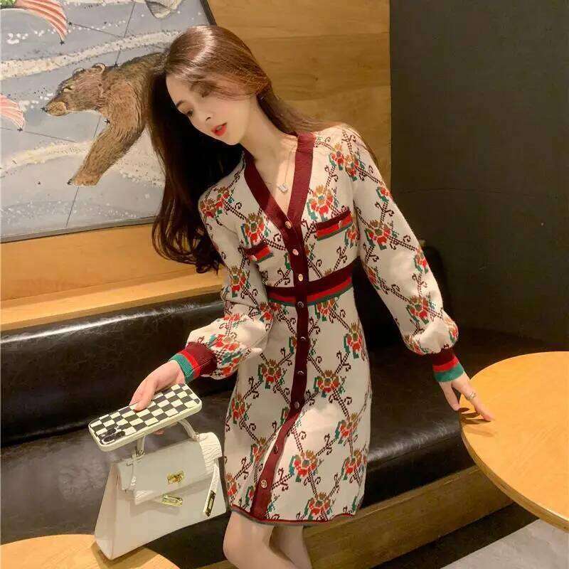 Spring New Elegant Printing Midi Women Clothes Temperament Buttons V-neck Long Sleeve Knitted Dress Female Dresses