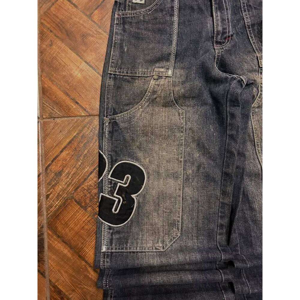 Y2K Fashion Letters Embroidered Big Pockets Washed Baggy Jeans Women High Street Vintage Hip Hop Popular Wild Wide-leg Pants