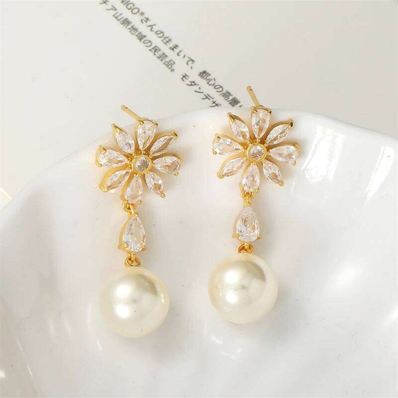 ZAKOL Sweet Romantic Round Imitation Pearl Drop Earrings Exquisite Shiny CZ Flower Earring Birthday Jewelry Gift for Girls