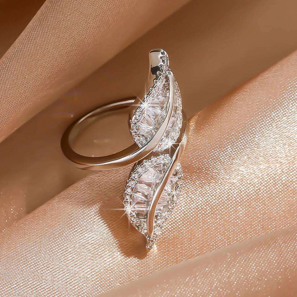ZAKOL Luxury Leaf Adjustable Opening Rings for Women Silver Color Bridal Wedding Crystal Cubic Zirconia Fashion Jewelry