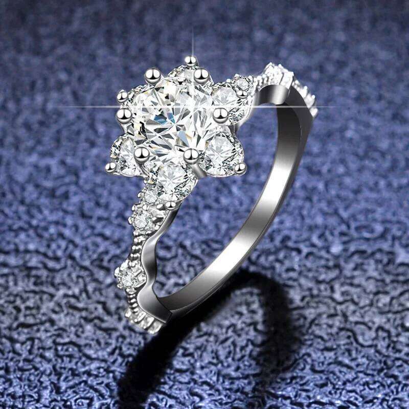 GRA Certified Sunflower D Color Moissanite Diamond Ring for Women S925 Sterling Silver 18K White Gold Plated Wedding Band 29f