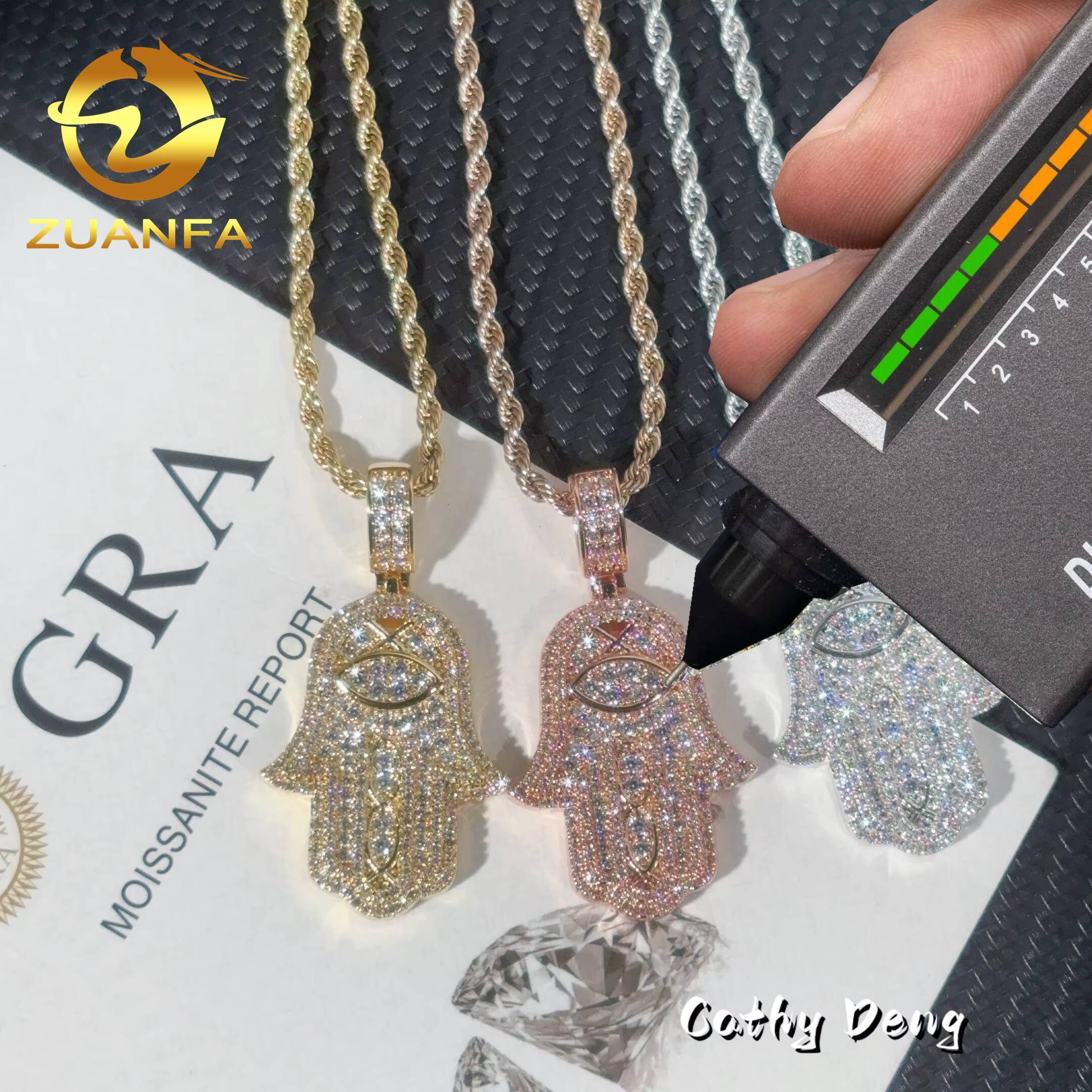 Ready to Ship Moissanite Hip Hop Jewelry Hamsa Iced Out Pendant Sterling Silver 925 Moissanite Pendant With Rope Chain for Men