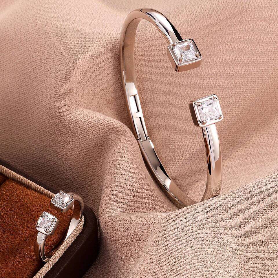 ZAKOL Elegant Shiny Square Zircon Open Ring&Bracelets New Trendy 18K Gold Plated Engagement Wedding Jewelry Two-piece Set