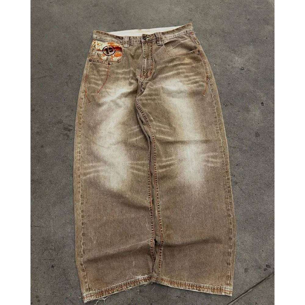 Y2K American Fashion New Oversize Letter Embroidered Yellow Washed Baggy Jeans Men Vintage Gothic Popular Casual Wide-leg Pants