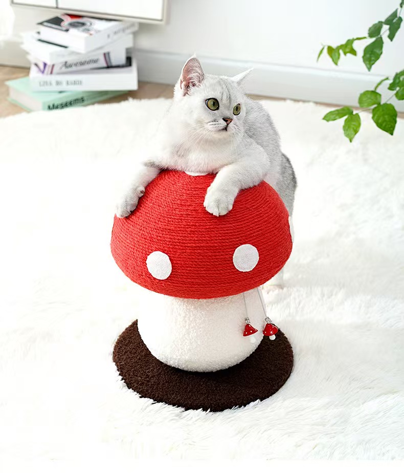 Red mushroom cat climbing frame grinding claws big cat grab column hemp rope ball vertical cat grab board cat tree cat toy.