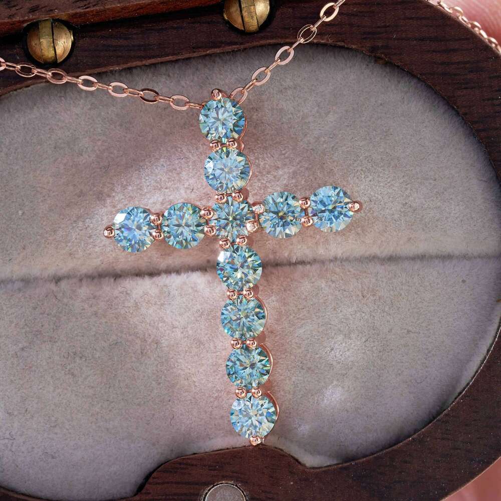 3mm/4mm Cross natural blue moissante pendant necklace 925 Sterling Silver Wedding Party fine Jewelry dating party gift 070