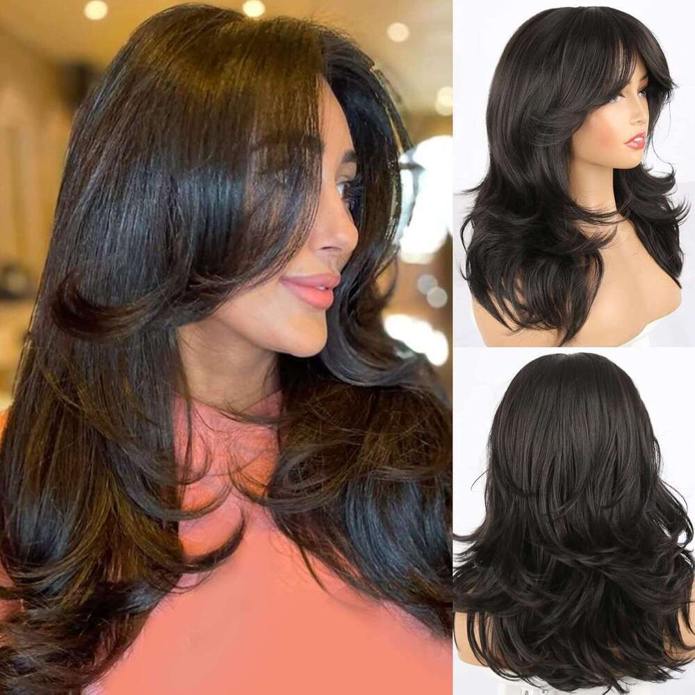 Women's Long Curly Hair Synthetic Medium-Length Brown Fluffy Multi-Layer Wig Xiusiyuan