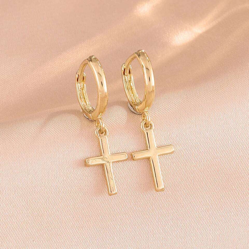 ZAKOL Golden Stainless Steel Jesus Cross Pendant Earrings for Women Men Fashion Hoop Earring Simple Daily Ear Accessories