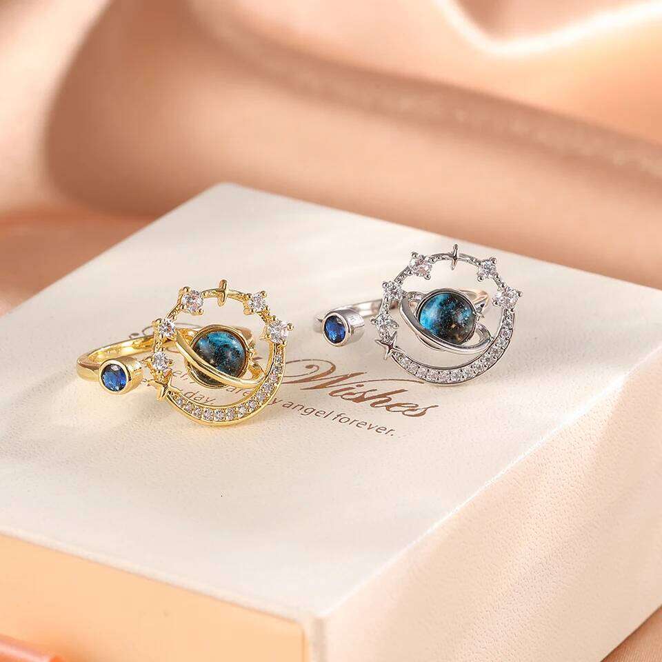 ZAKOL New Blue Planet Series Shiny Zircon Adjustable Open Ring for Women Exquisite Unique Anniversary Birthday Jewelry Gift