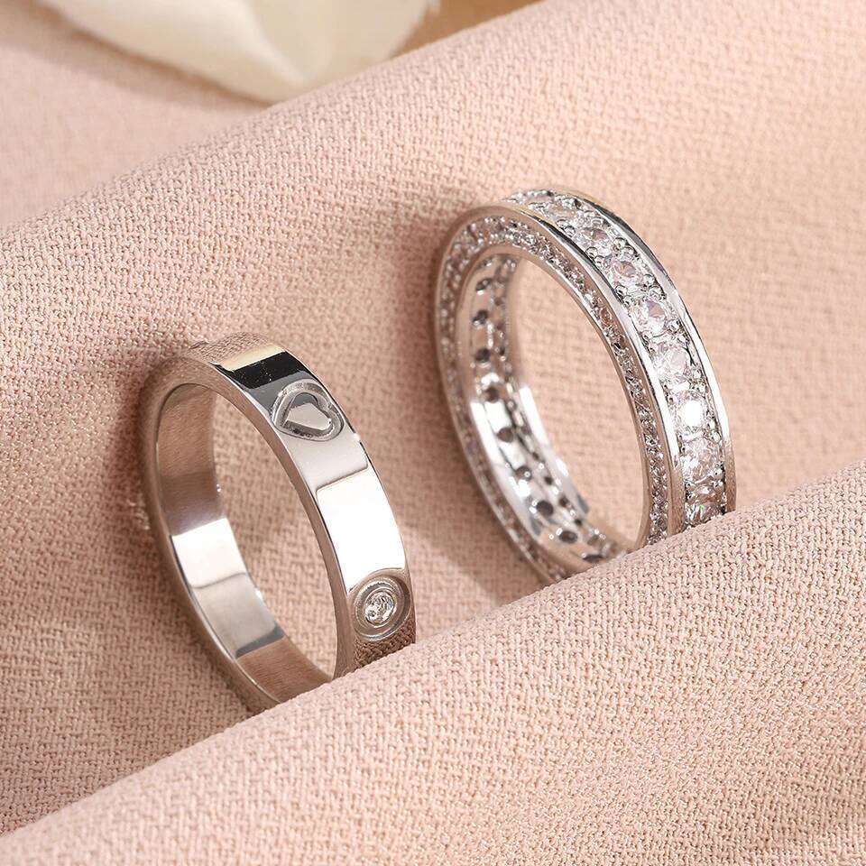 ZAKOL New Sliver Color Stainless Steel Couple Shiny Zircon Engagement Rings Proposal Wedding Ring Jewelry