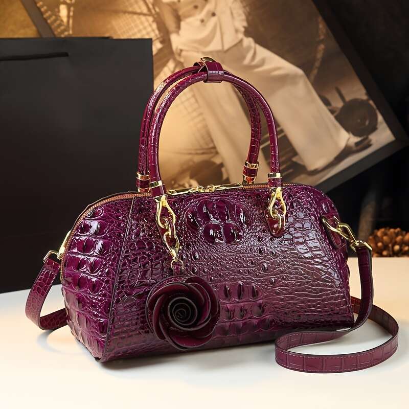 JINXIANGGUO Vintage Crocodile Pattern For Women Fashion Shoulder Handbag With Adjustable Strap Zipper Closure Polyester Lined Edge Paint Detail Multip