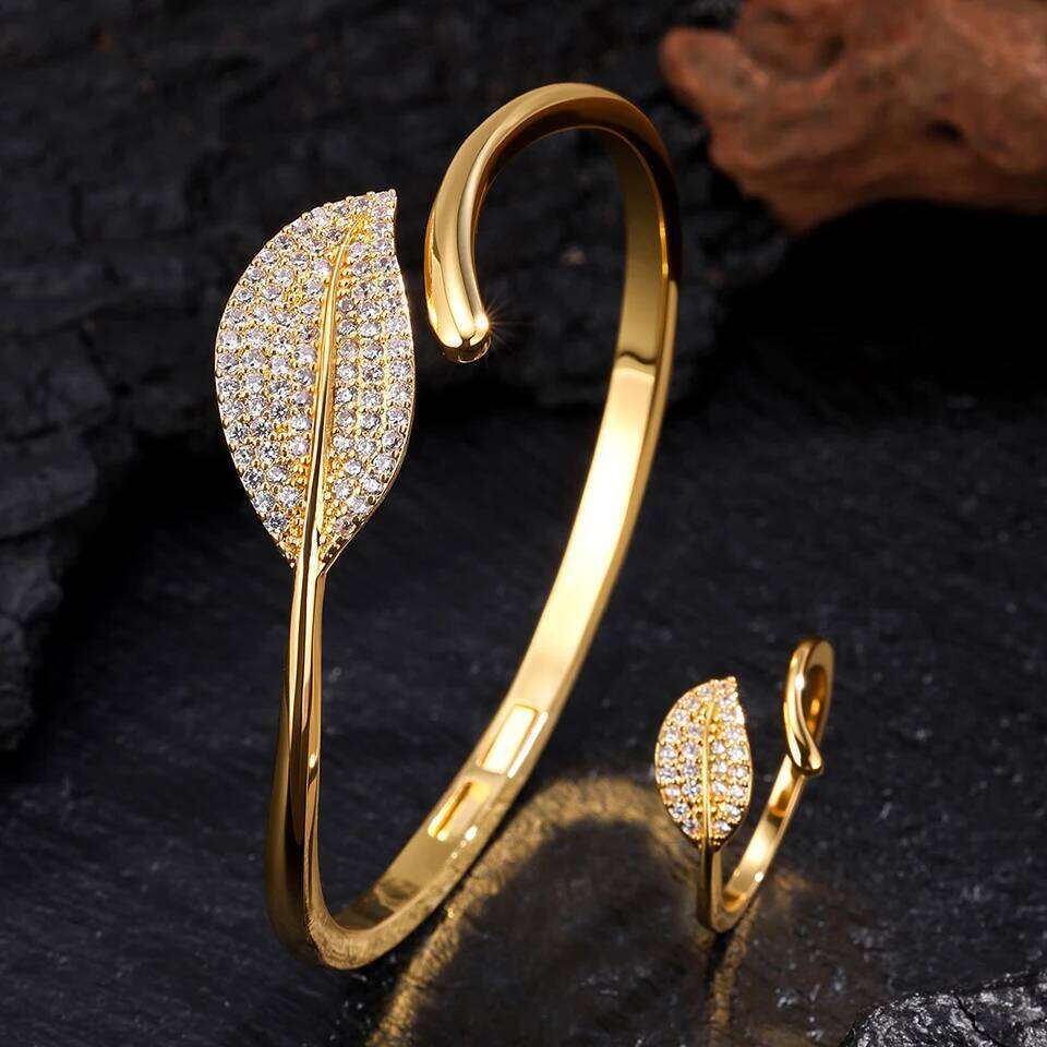 ZAKOL 9 Styles Golden Open Bracelet Ring Set Geometric Shiny Zircon 18K Gold Plated Middle East Wedding Party Jewelry