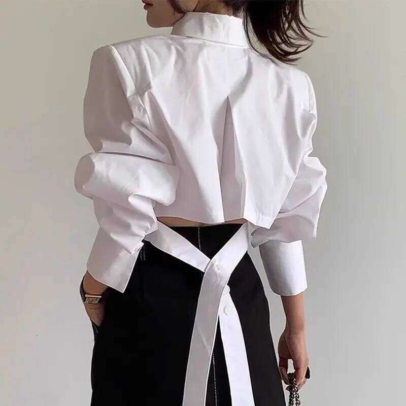 Spring Autumn New Fashion Turn-Down Collar Long Sleeve Solid Color Blouses Women's Clothing Back Hollow Out Korean Trend Shirts ZHE HAN