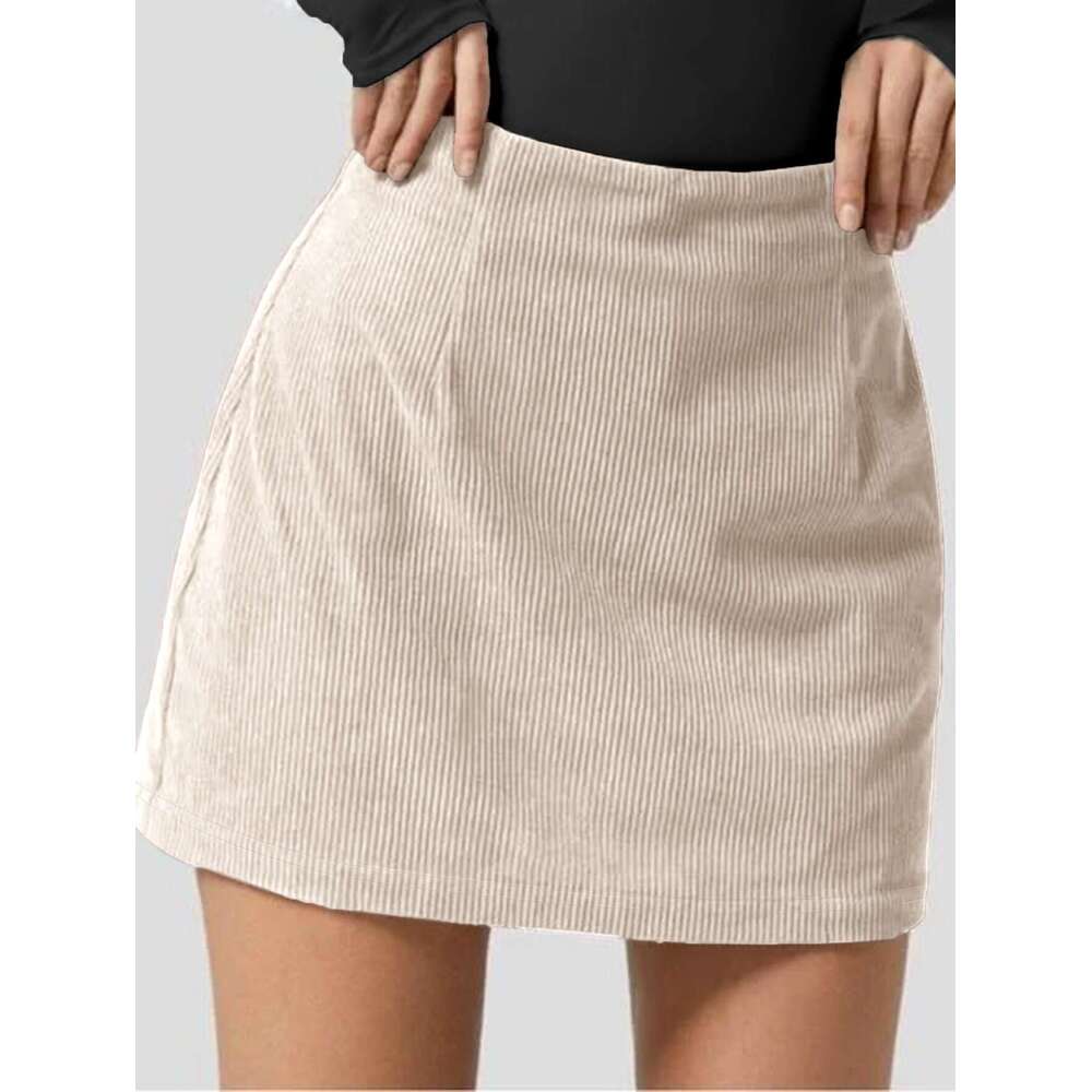 Women's Corduroy Midi Skirt Brushed Elastic High Waist Simple Versatile Short Skirt Black White Brown