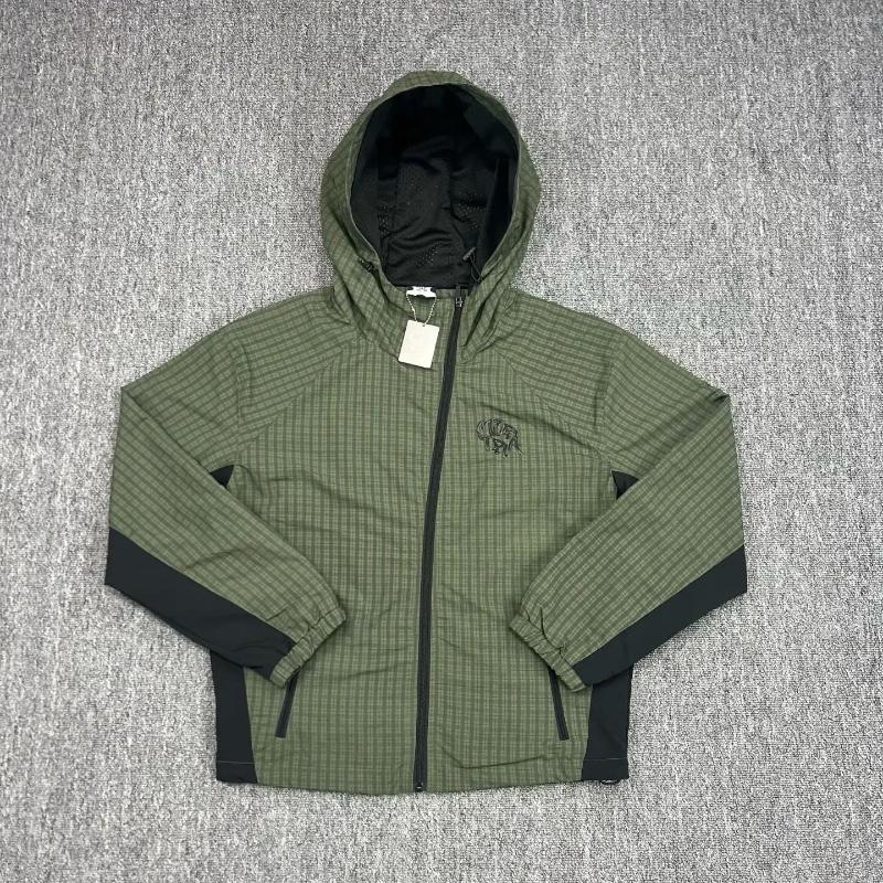 Men's Jackets Mesh Blue Green Plaid Zipper Hooded Jacket Men Women Letters Embroidery Label Slanted Quick Dry Loose Windproof