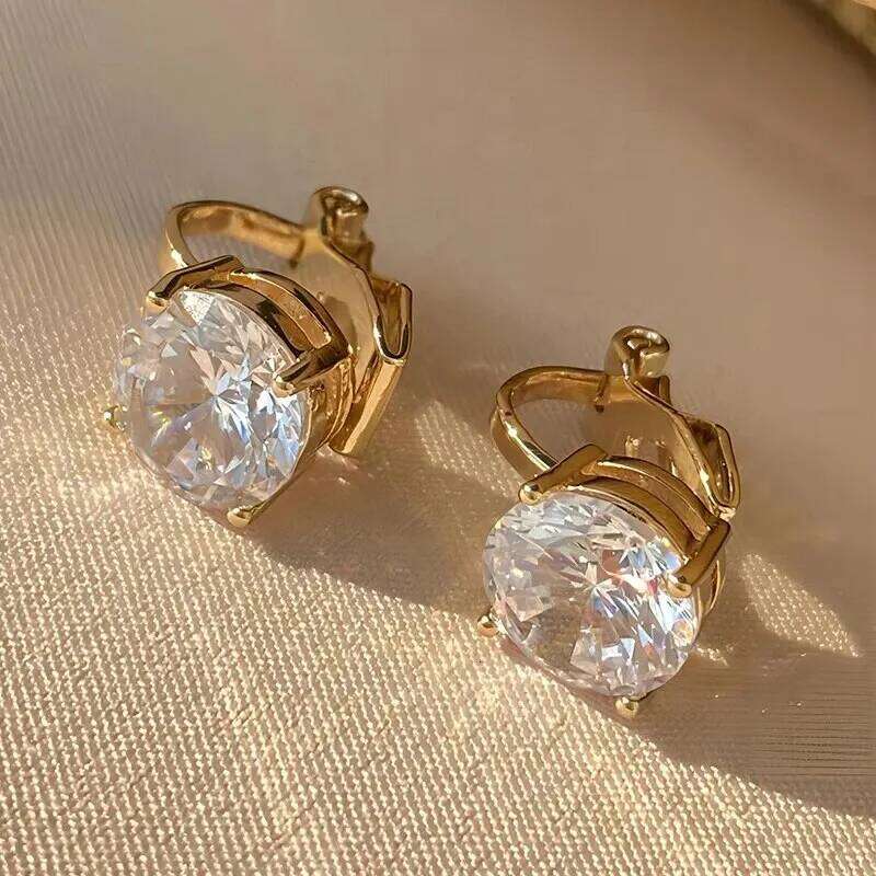 Trendy Round Cubic Zirconia Copper Clip Earrings For Women Gold Color Crystal Metal Earring Party Wedding Daily Jewelry