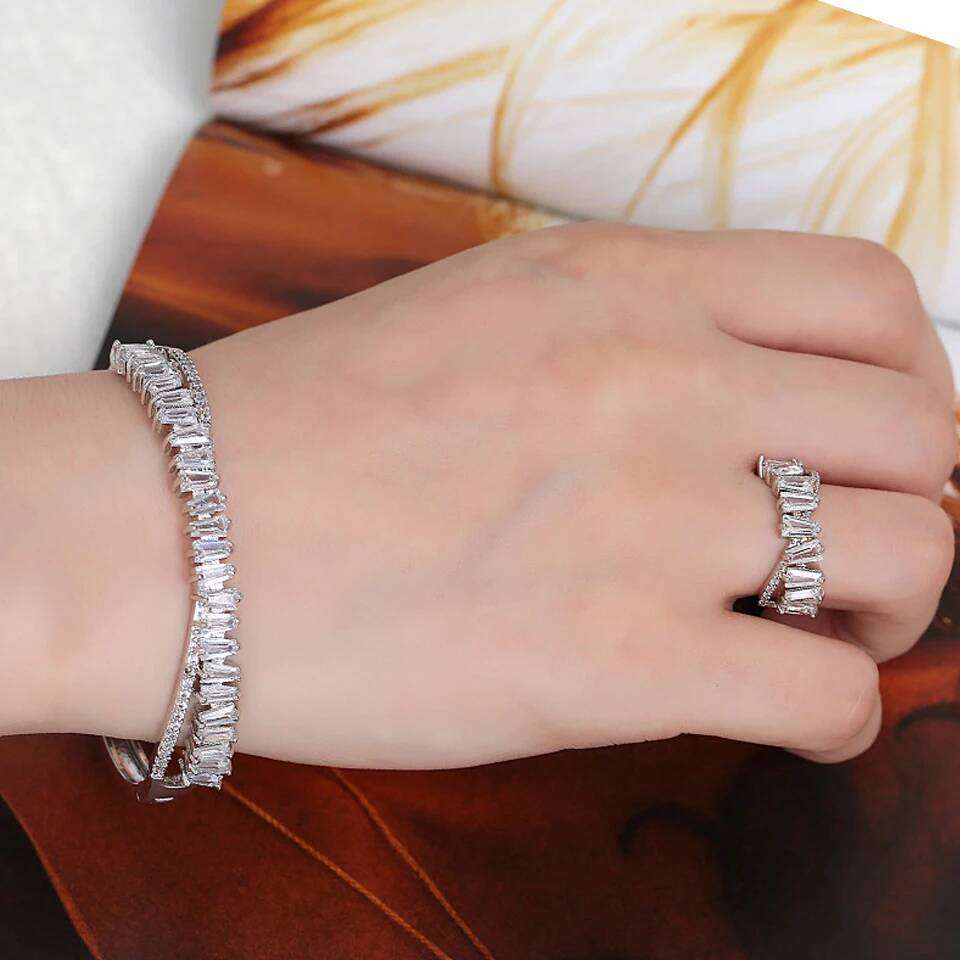 ZAKOL Brand Classic Baguette Cubic Zirconia Ring Bracelet Set Luxury 18K Gold Color Wedding Engagement Party Jewelry Sets