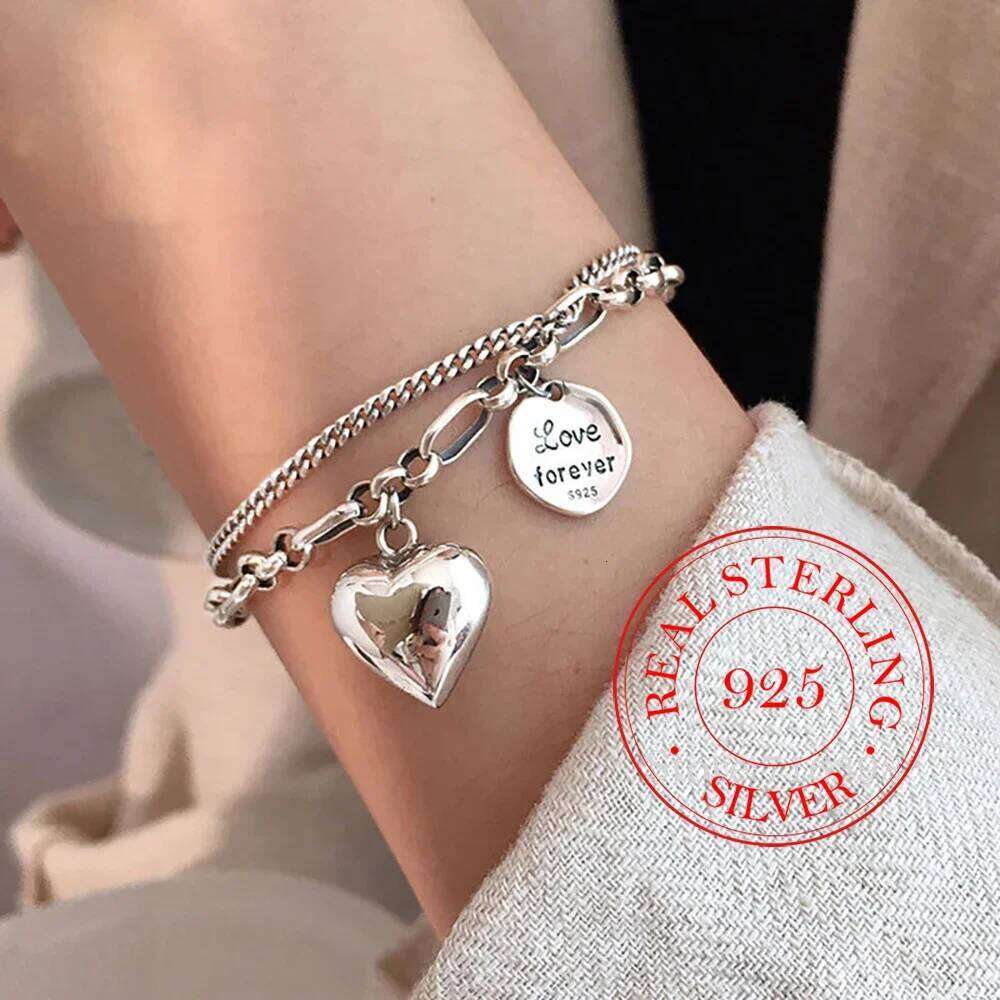 Elegant 925 Sterling Love Letter Heart Double Layer Bracelet Female Unique Design Thai Silver Retro Light Luxury Jewelry 25H1229