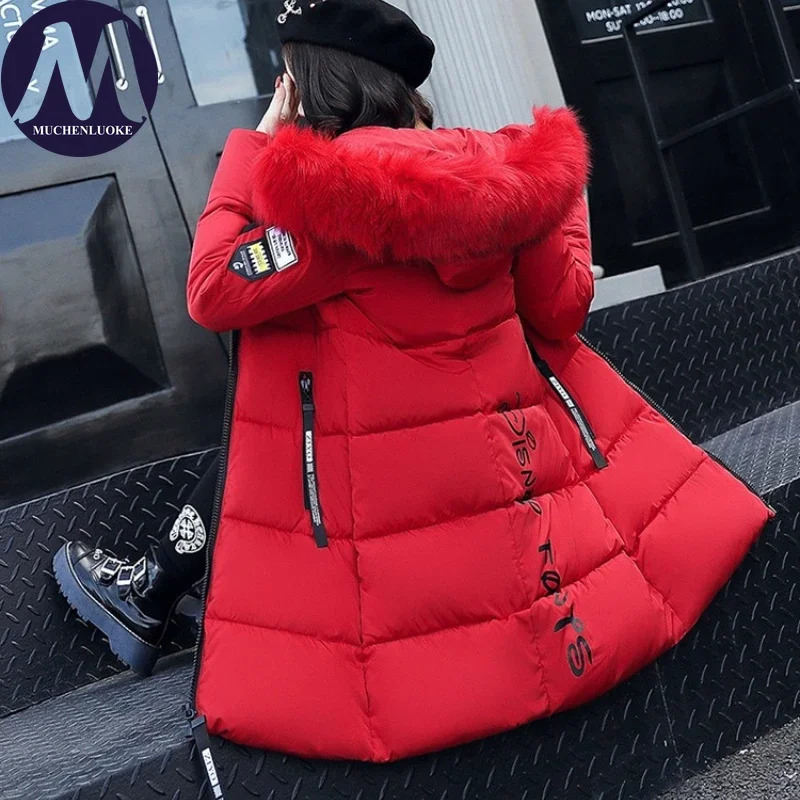 Elegant Winter Jacket for Women 2025 Hooded Fur Collar Thickened Warmth Korean Fashion Slim Fit Medium Length Parkas 251210