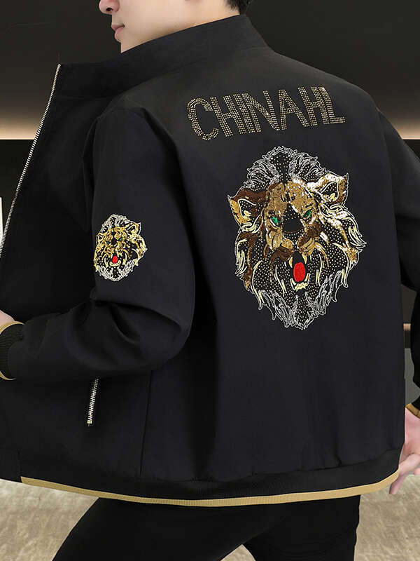 European Brand Fashion Embroidered Lion Men's Spring And Autumn Hot Diamond Domineering Tops Casual Stand Collar Jacket