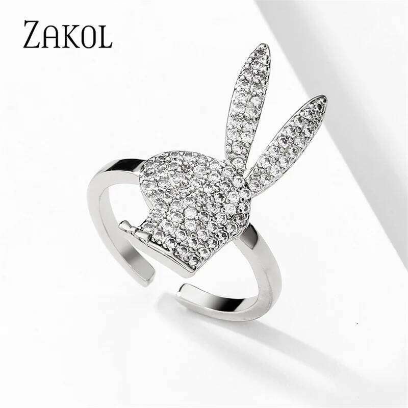 ZAKOL Cute Rabbit Open Rings for Women Fashion White Gold Color Party Jewelry 2023 New