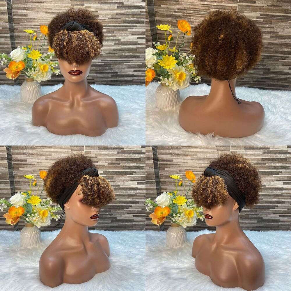 New African Ice Silk Hairband Colorful Fluffy Small Curl Afro Real Human Hair Wig Aimeier